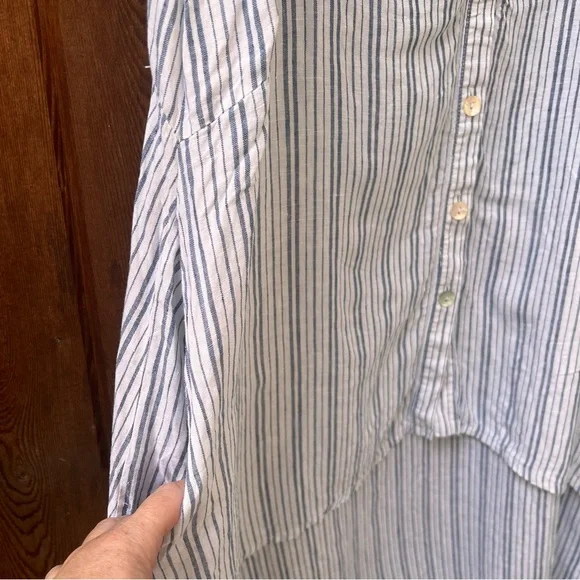 Le Paris Petit Linen Sleeveless Tunic Dress Pinstripe Button Down High Low Hem M - Picture 8 of 10
